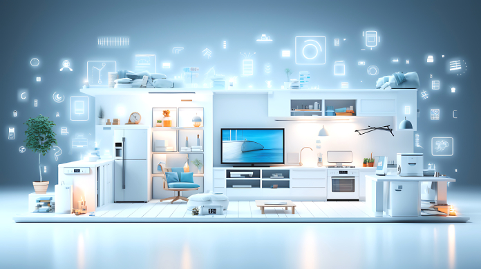 未来的なリビングと、各家電からデータが連携する様子